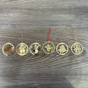 Set of 6 Gold Finish Brass Christmas Ornaments 3D Christmas Tree Hanging Decor